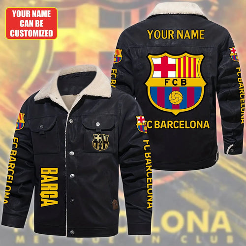 Personalized Barça Fleece Collar Leather Jacket