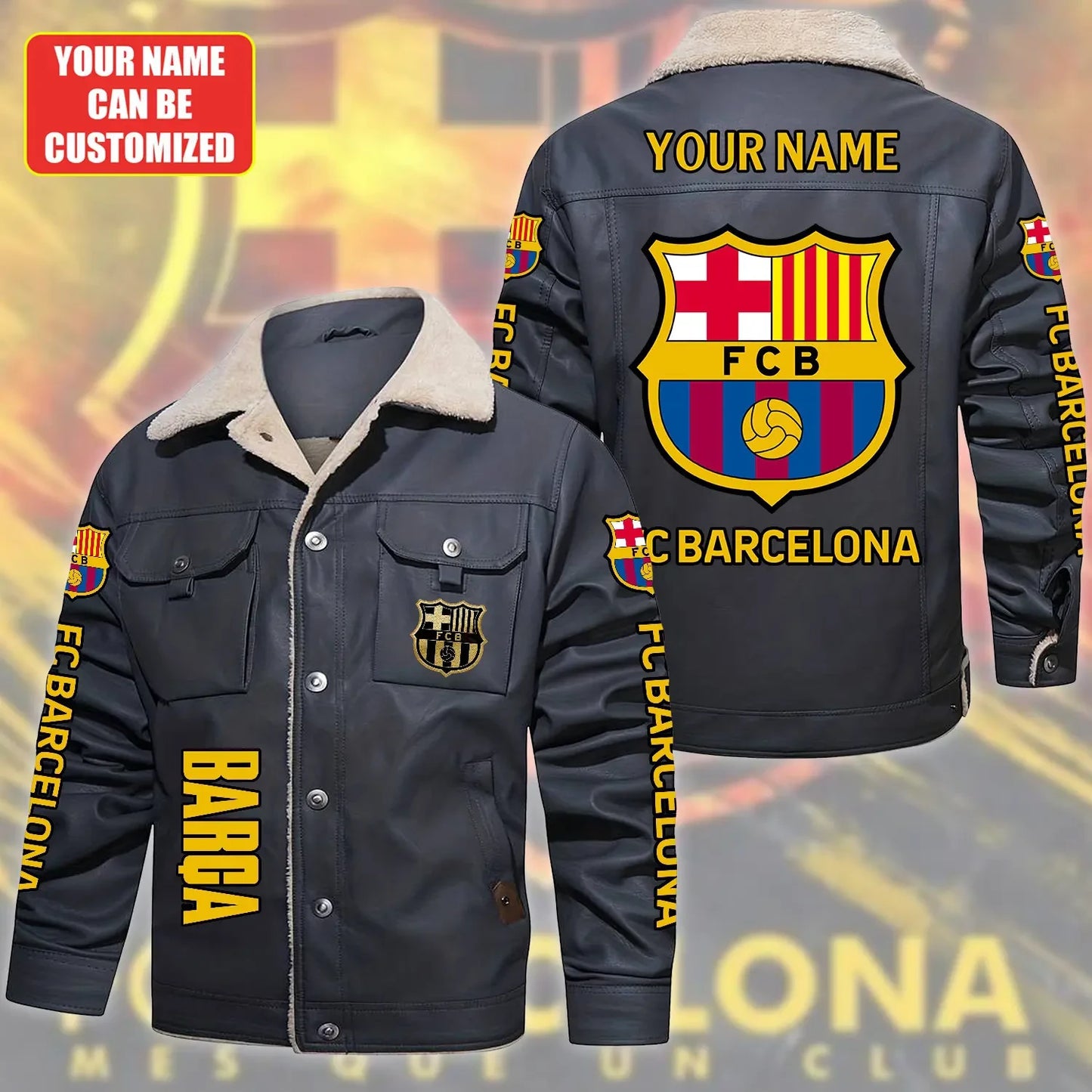 Personalized Barça Fleece Collar Leather Jacket