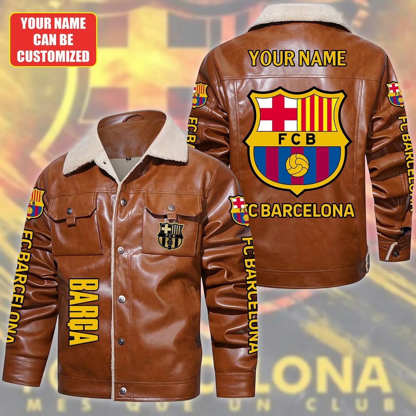 Personalized Barça Fleece Collar Leather Jacket