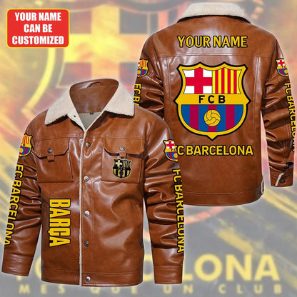 Personalized Barça Fleece Collar Leather Jacket