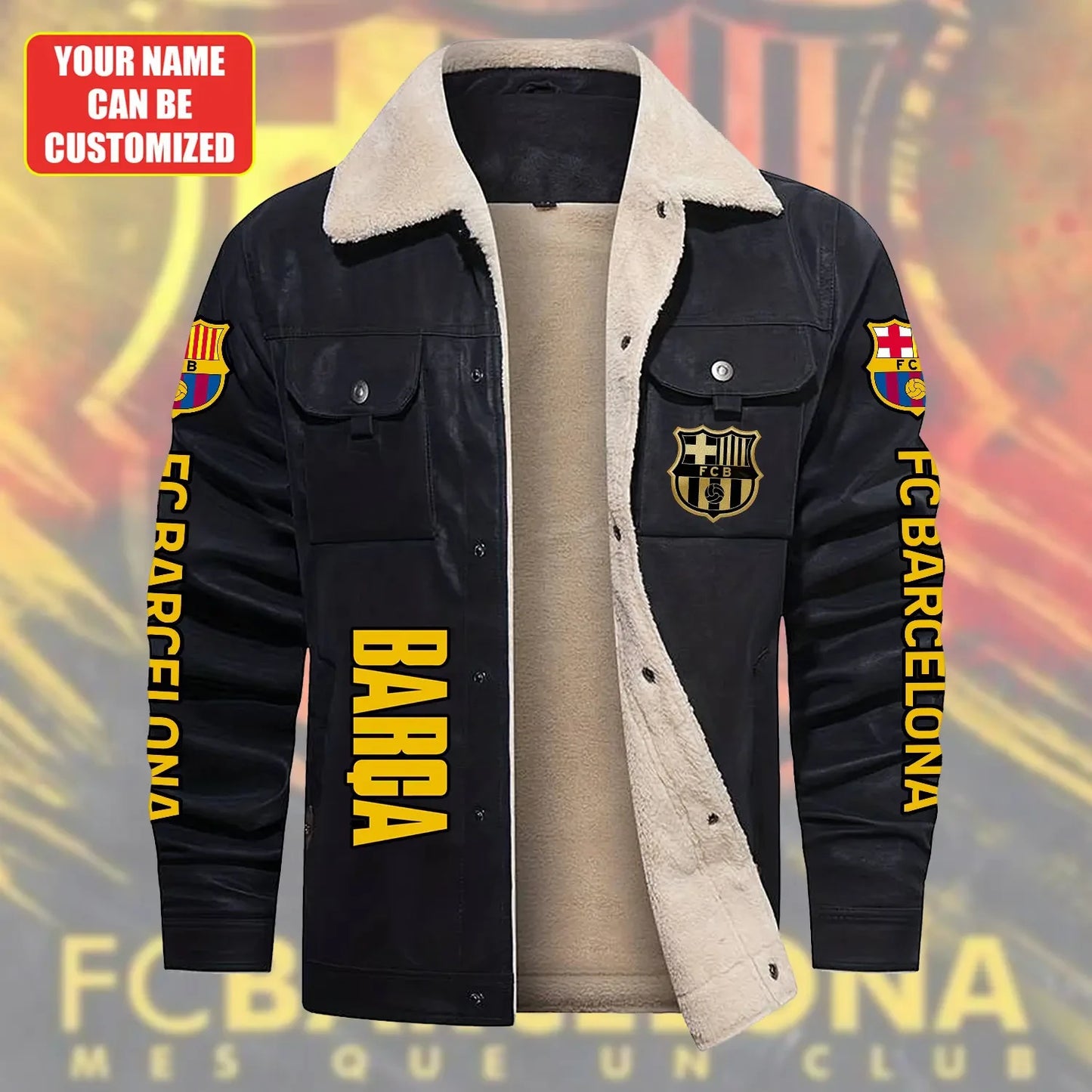 Personalized Barça Fleece Collar Leather Jacket