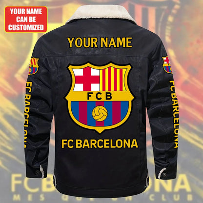 Personalized Barça Fleece Collar Leather Jacket