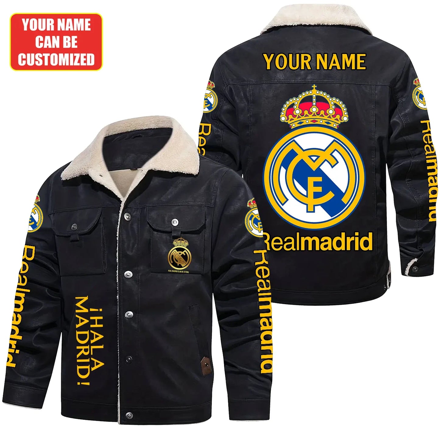 Personalized Real Madrid Fleece Collar Leather Jacket