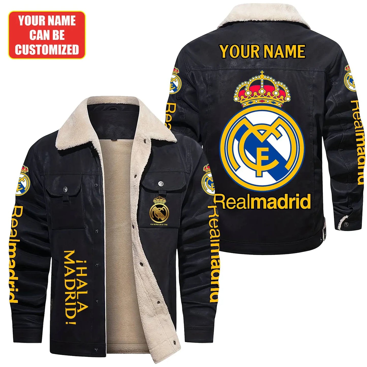 Personalized Real Madrid Fleece Collar Leather Jacket