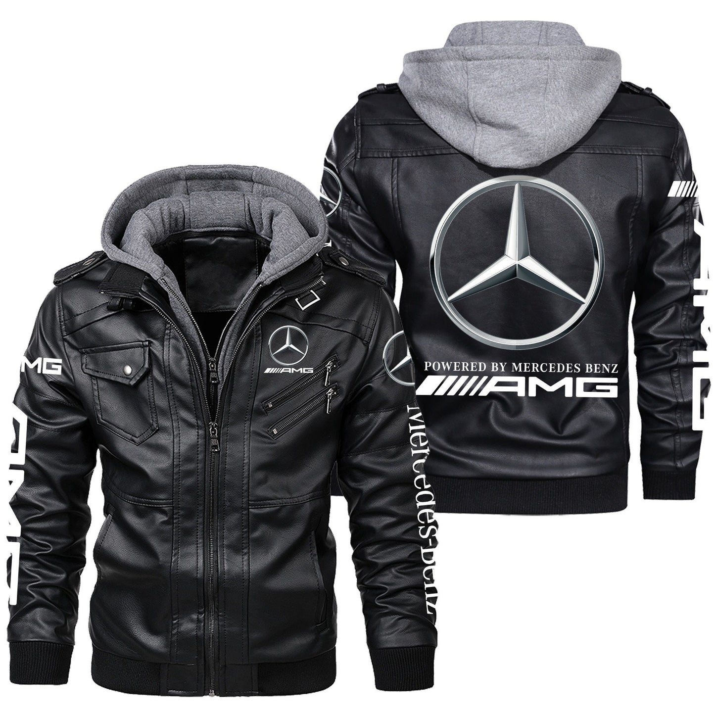 Merc AMG Leather Jacket With Hood Black