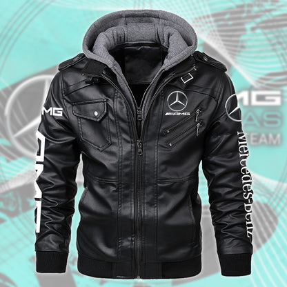 Merc AMG Leather Jacket With Hood Black