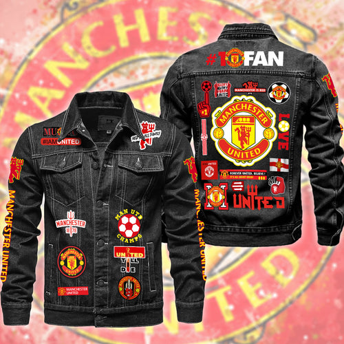 Personalized Manchester United Denim Casual Jacket , Cotton Jeans Jackets