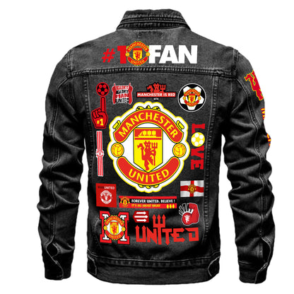 Personalized Manchester United Denim Casual Jacket , Cotton Jeans Jackets
