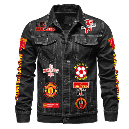 Personalized Manchester United Denim Casual Jacket , Cotton Jeans Jackets