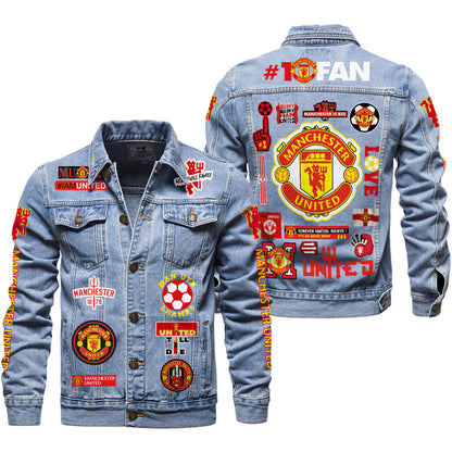 Personalized Manchester United Denim Casual Jacket , Cotton Jeans Jackets