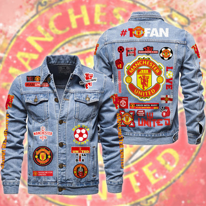 Personalized Manchester United Denim Casual Jacket , Cotton Jeans Jackets