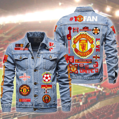 Personalized Manchester United Denim Casual Jacket , Cotton Jeans Jackets
