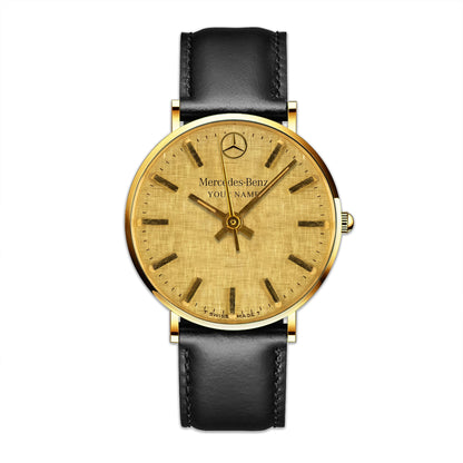 Personalized Mercedes The Gold Quartz Leather Watch