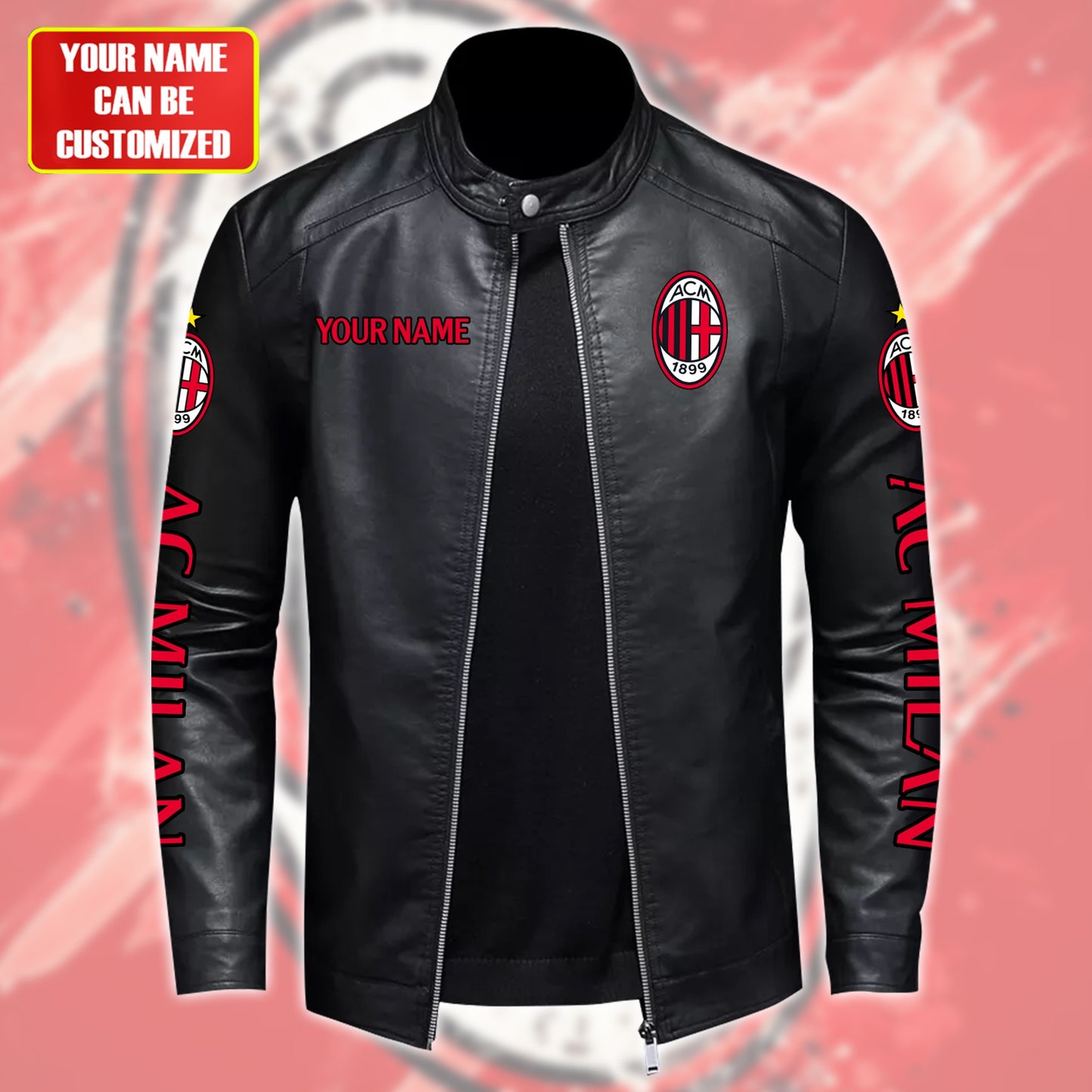 Personalized AC Milan Leather Bomber Stand Collar Jacket