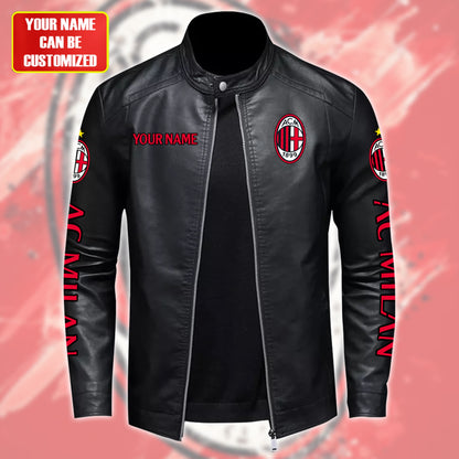 Personalized AC Milan Leather Bomber Stand Collar Jacket