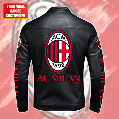 Personalized AC Milan Leather Bomber Stand Collar Jacket
