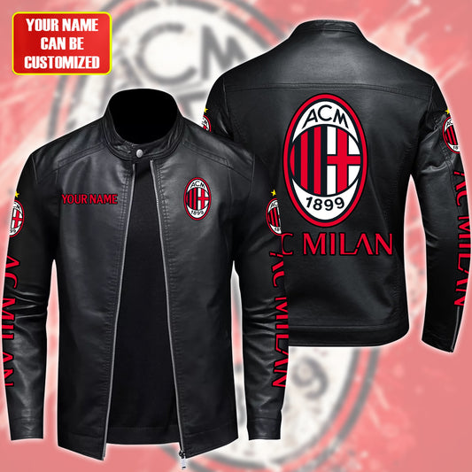 Personalized AC Milan Leather Bomber Stand Collar Jacket