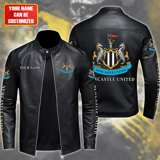 Personalized Newcastle United Leather Bomber Stand Collar Jacket