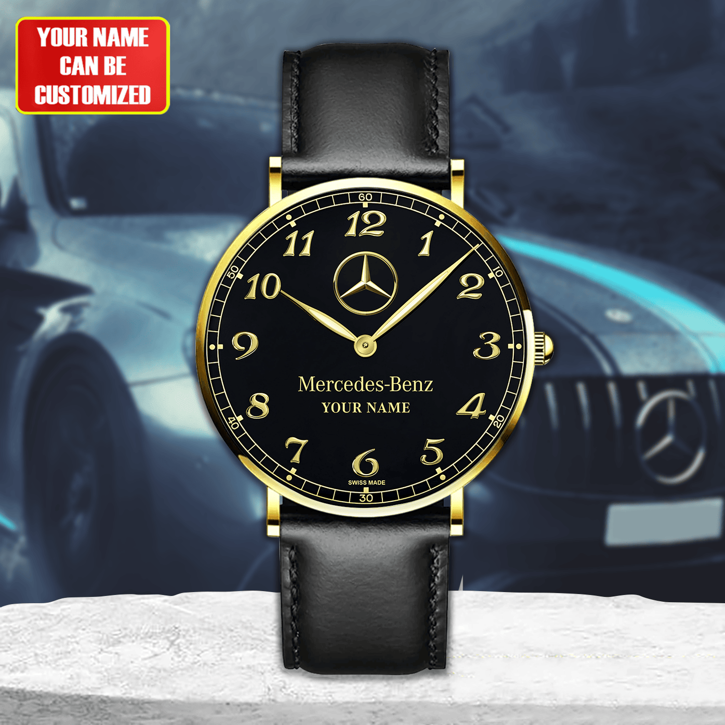 Personalized Merc Black Pearl Quartz Leather Watch