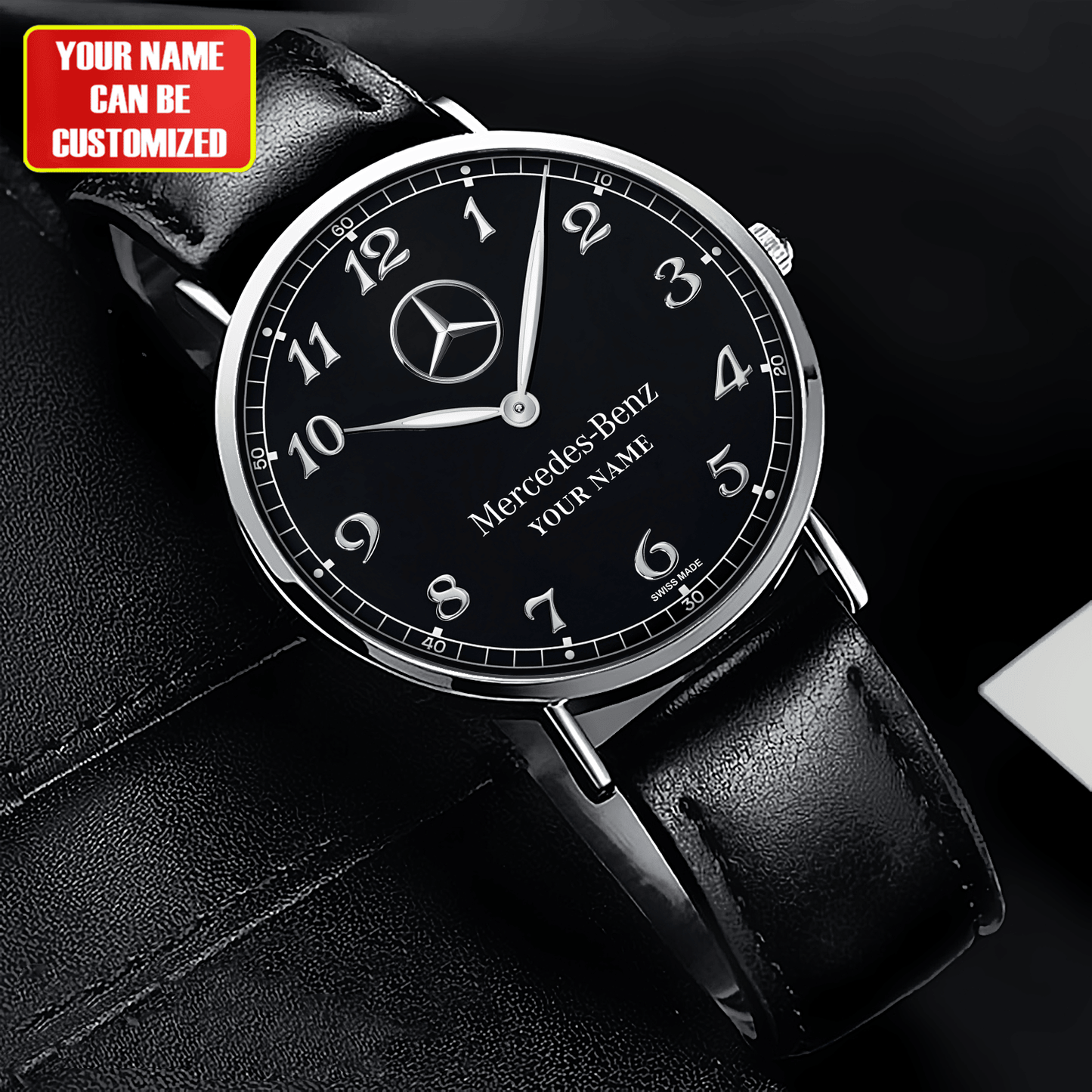 Personalized Merc Black Pearl Quartz Leather Watch