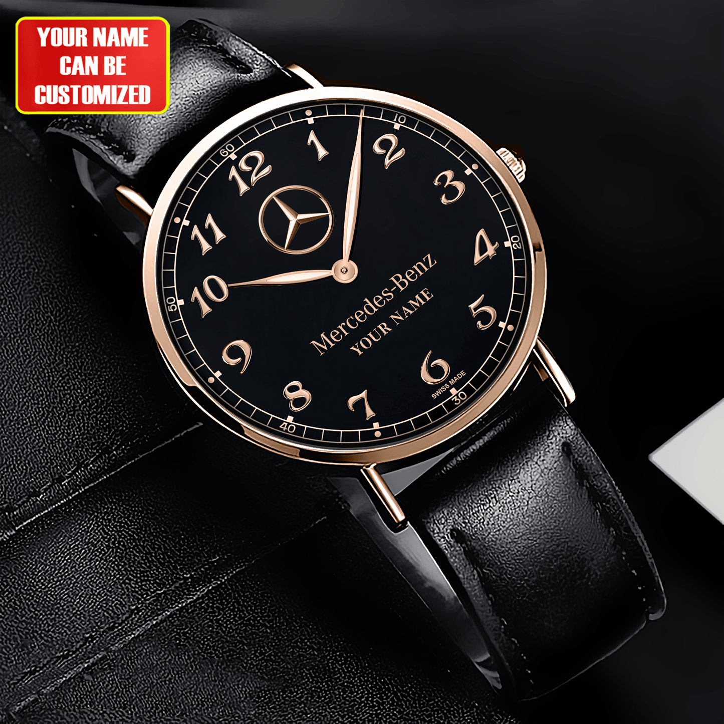Personalized Merc Black Pearl Quartz Leather Watch