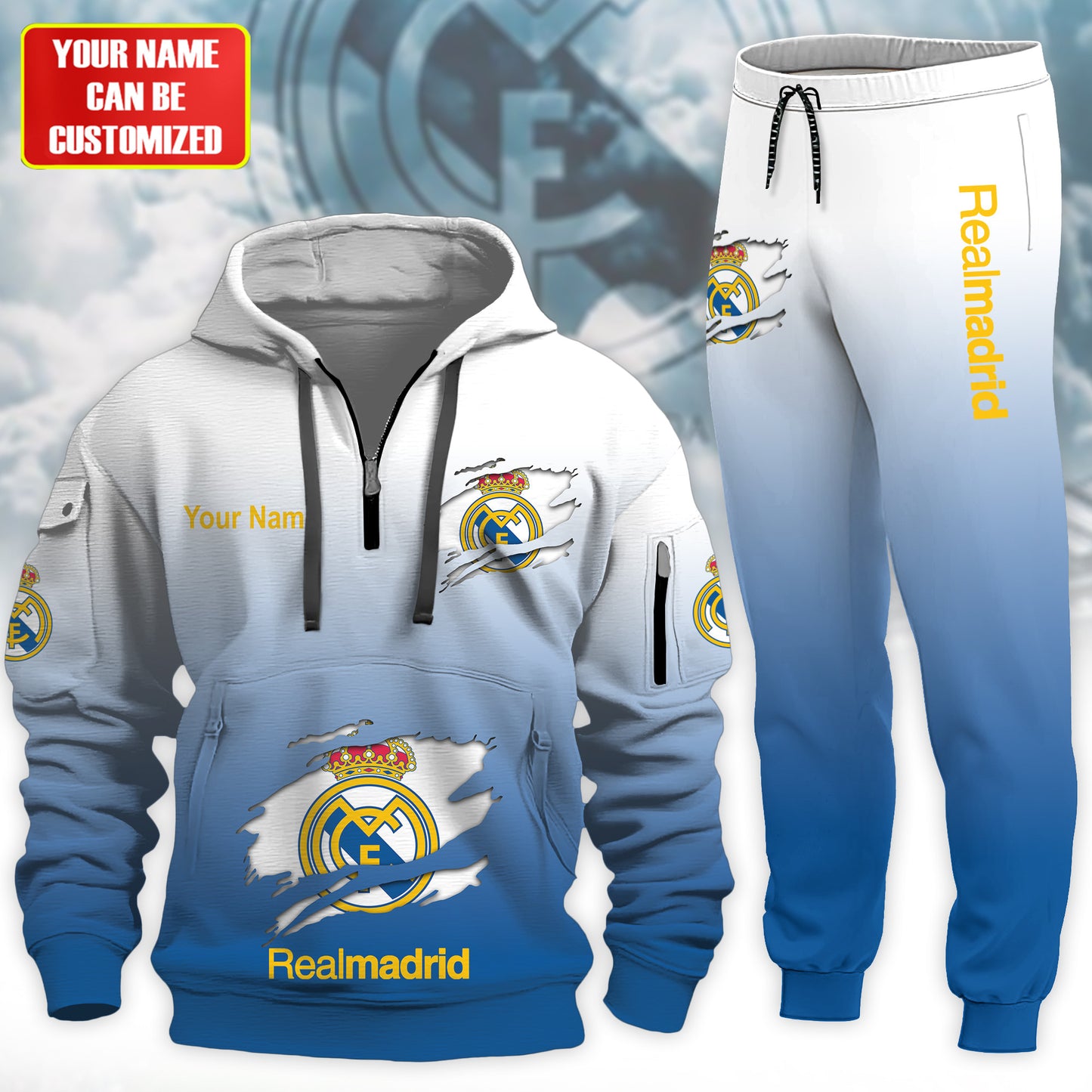 Personalized Real Madrid Tear 3D Cotton Hoodie and Sweatpants set