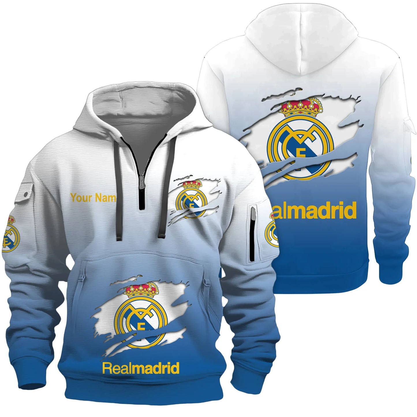 Personalized Real Madrid Tear 3D Cotton Hoodie and Sweatpants set