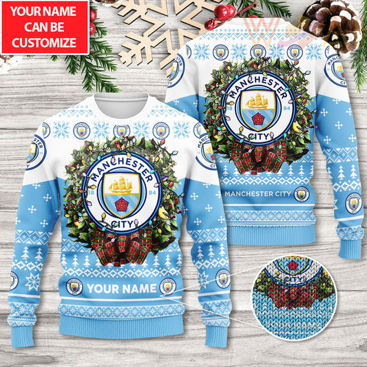Personalized Manchester City United Ugly Christmas Sweater , Unisex Wool Sweater