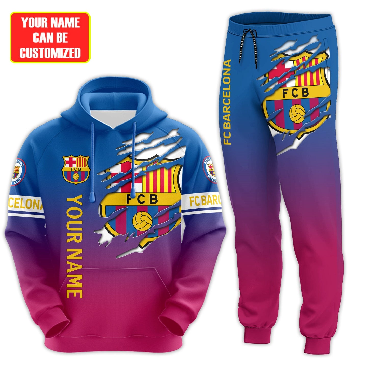 Personalized Barça Tear 3D All over Printed Hoodie and Sweatpants set