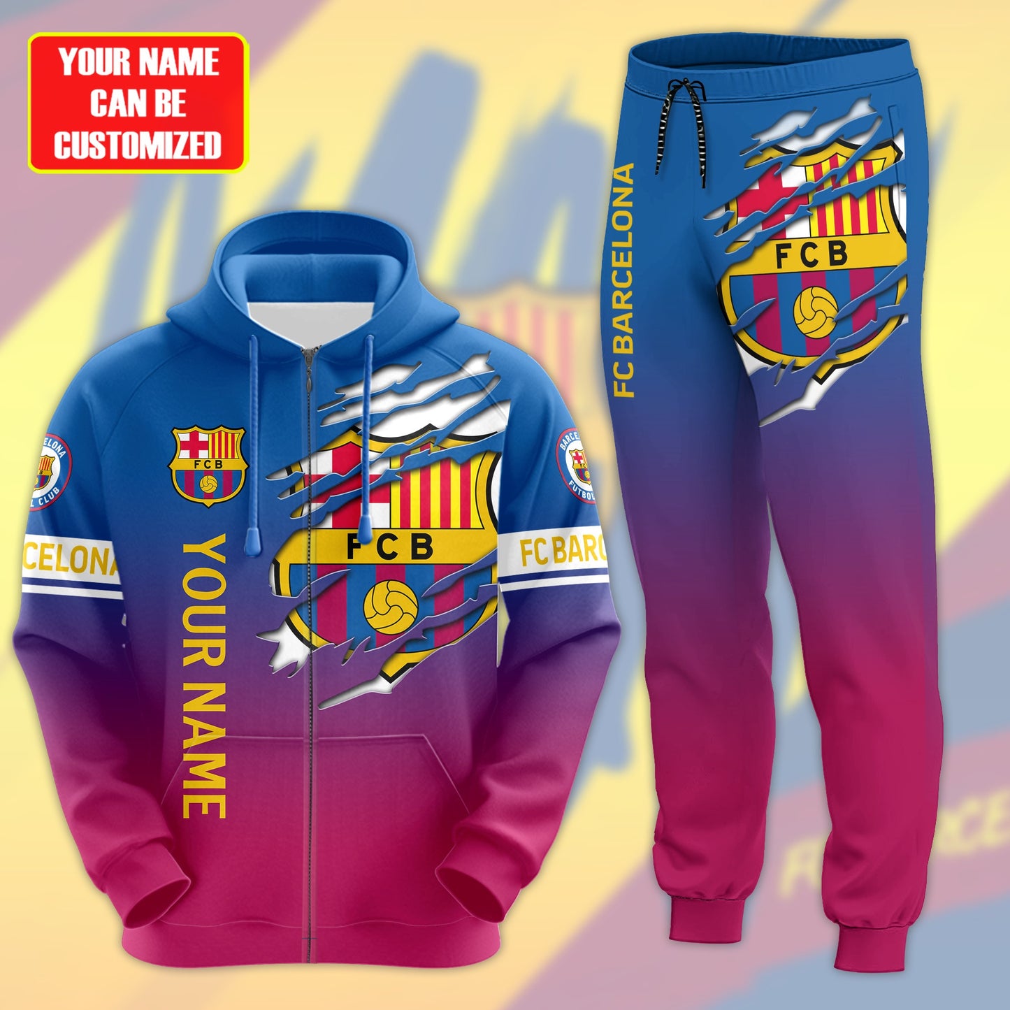 Personalized Barça Tear 3D All over Printed Hoodie and Sweatpants set