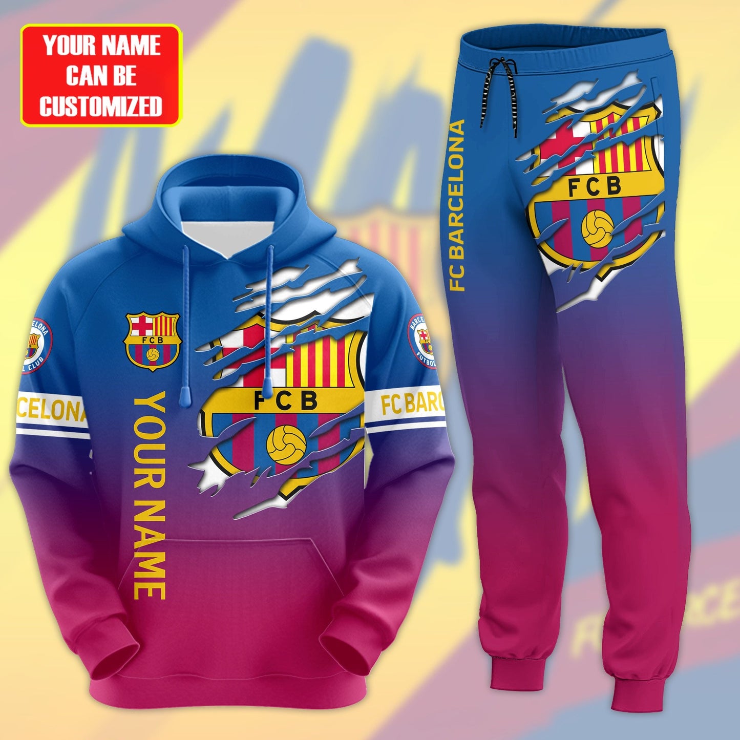 Personalized Barça Tear 3D All over Printed Hoodie and Sweatpants set