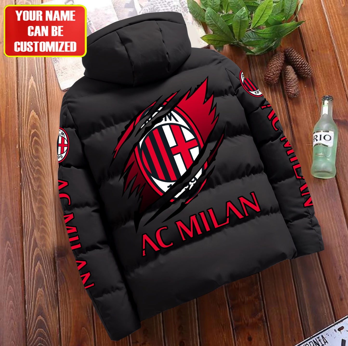 Personalized AC Milan Tear Puffer Jacket With Hood