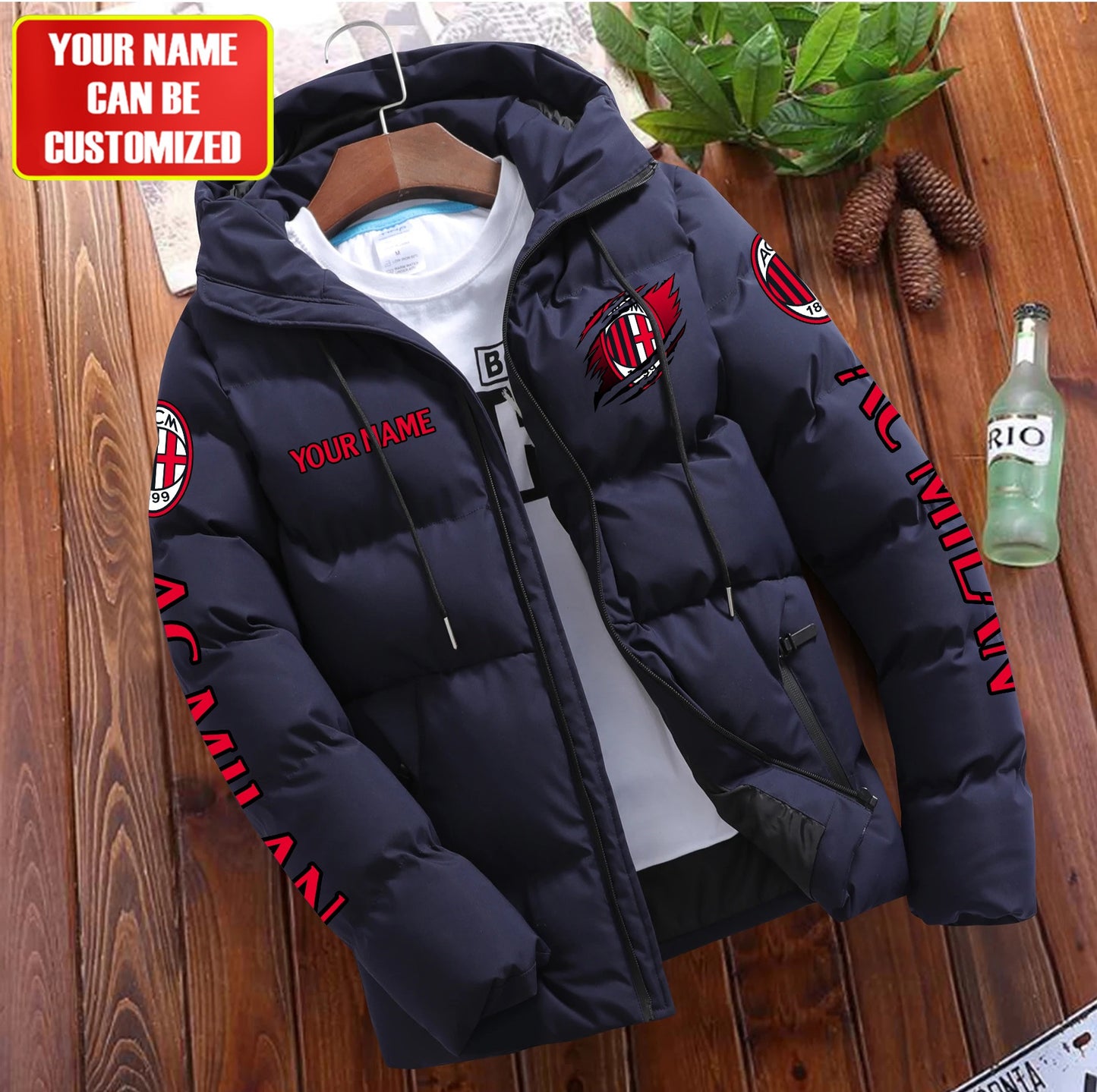 Personalized AC Milan Tear Puffer Jacket With Hood