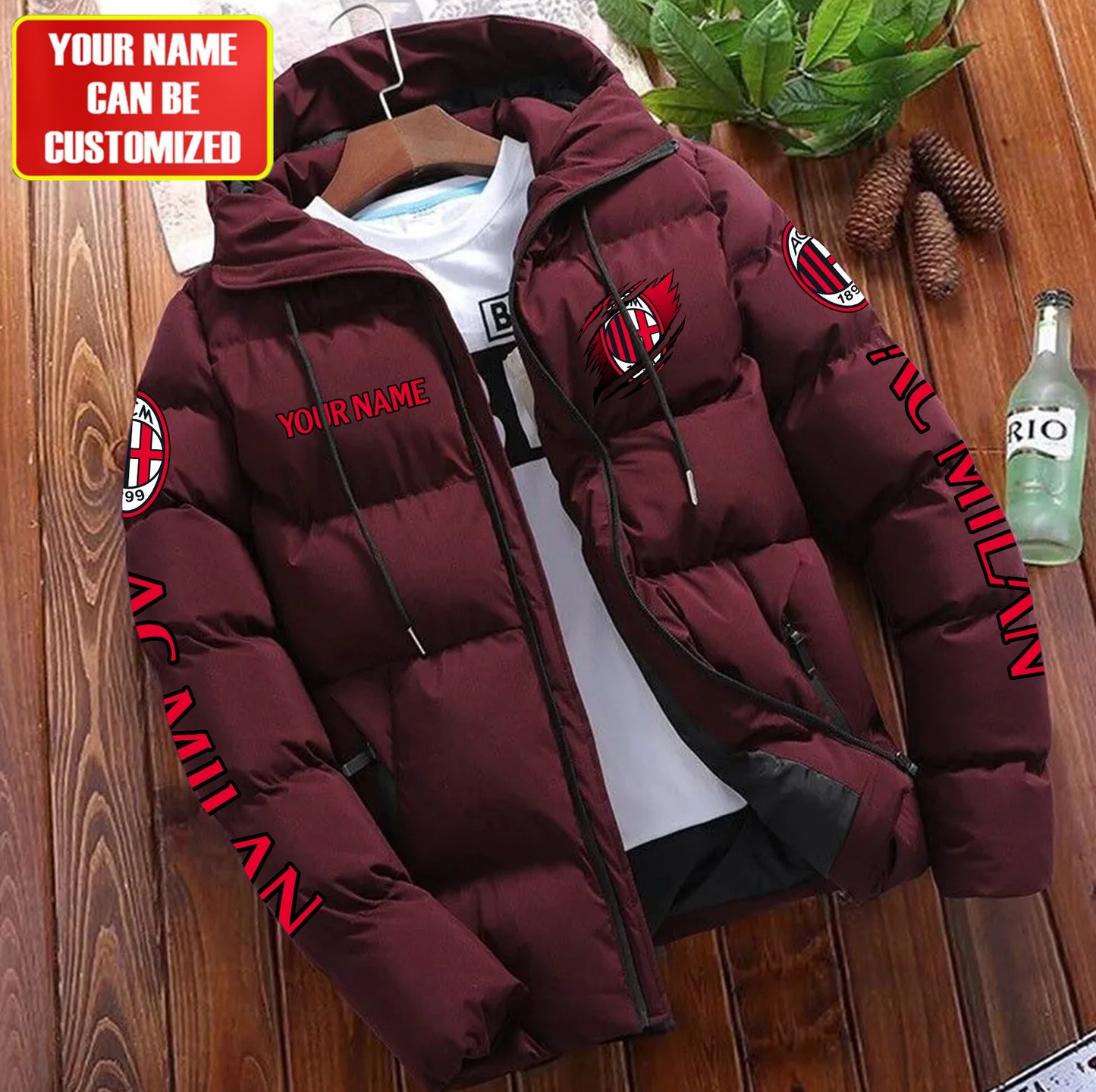 Personalized AC Milan Tear Puffer Jacket With Hood