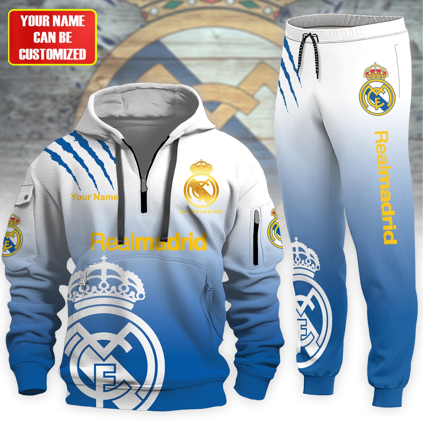 Personalized Real Madrid Tear 3D Cotton Hoodie and Sweatpants set V2