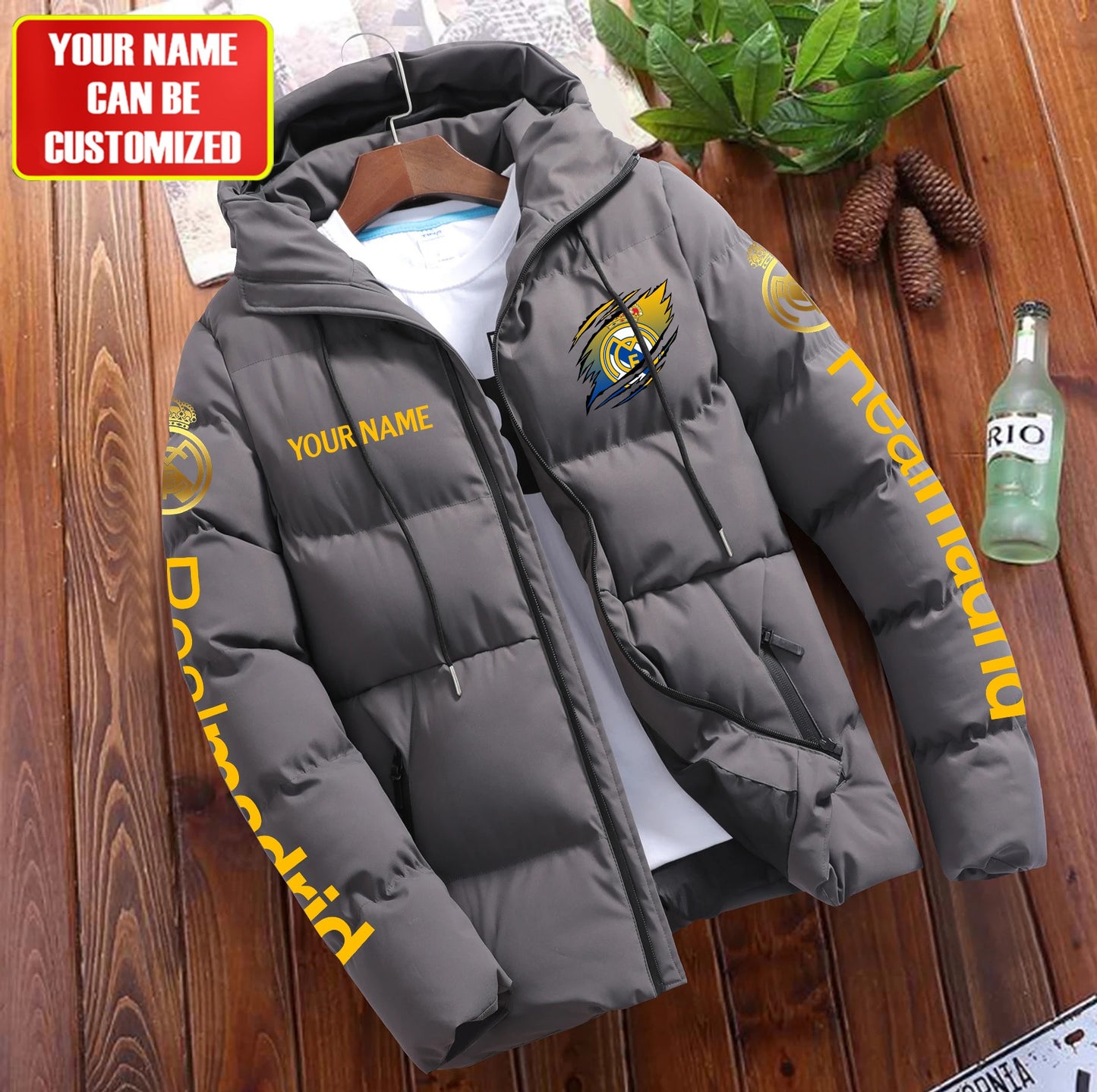 Personalized Real Madrid Tear Puffer Jacket With Hood