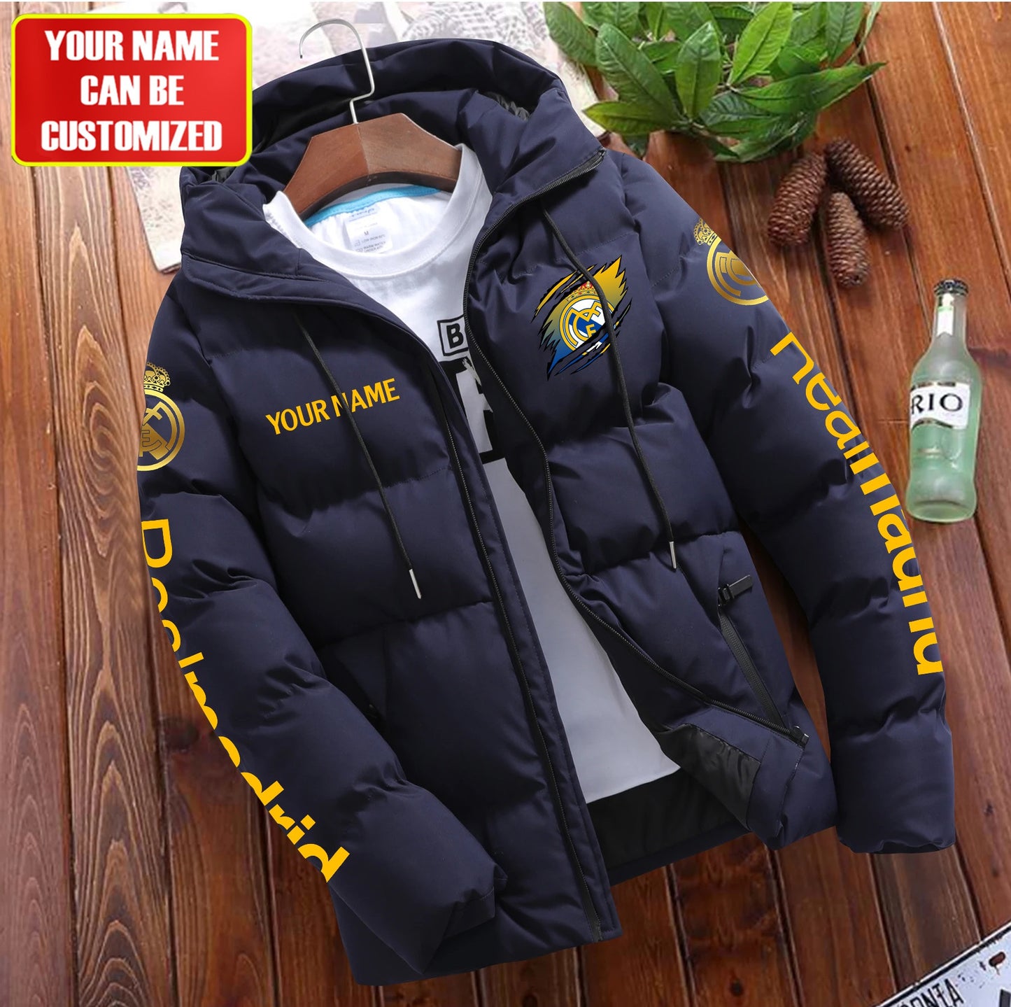 Personalized Real Madrid Tear Puffer Jacket With Hood