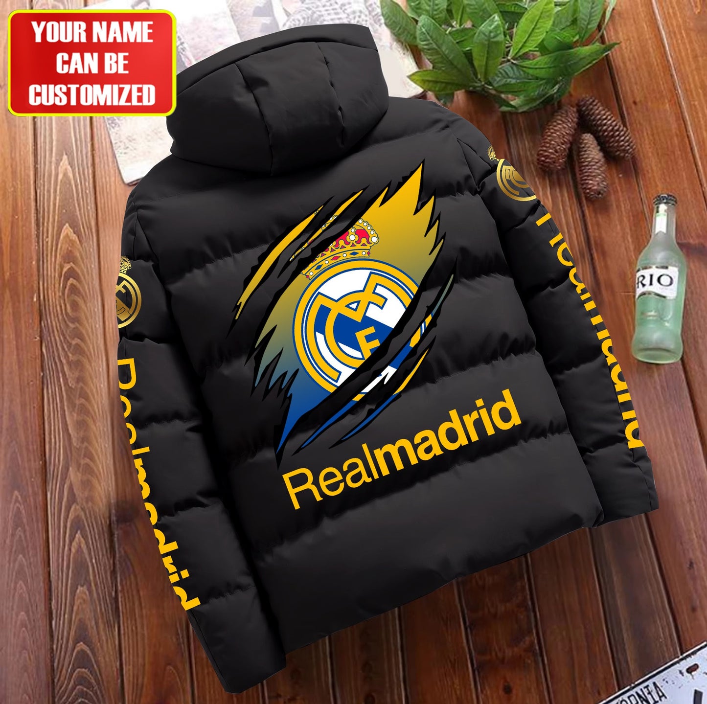 Personalized Real Madrid Tear Puffer Jacket With Hood