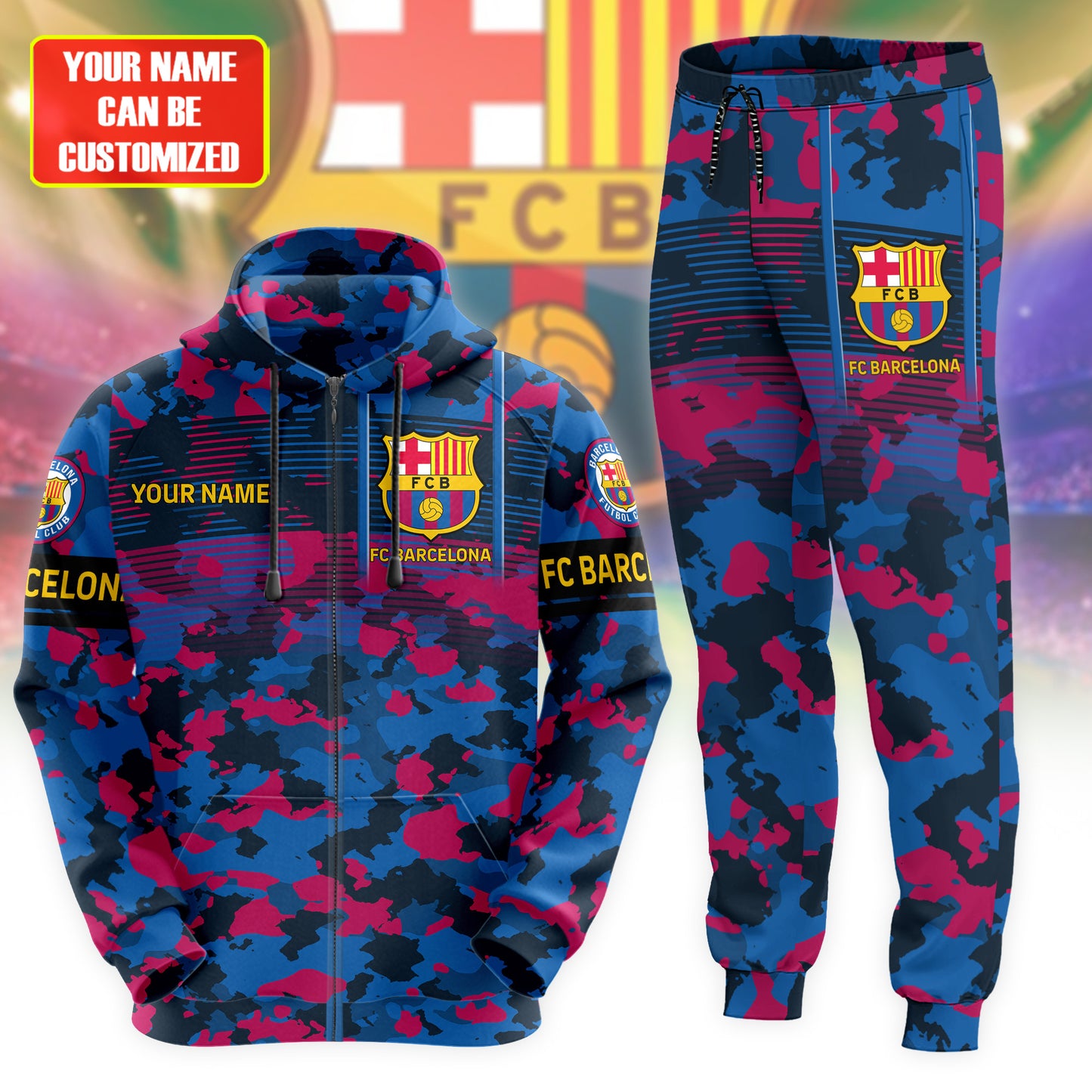 Personalized Barça Camo 3D All over Printed Hoodie and Sweatpants set