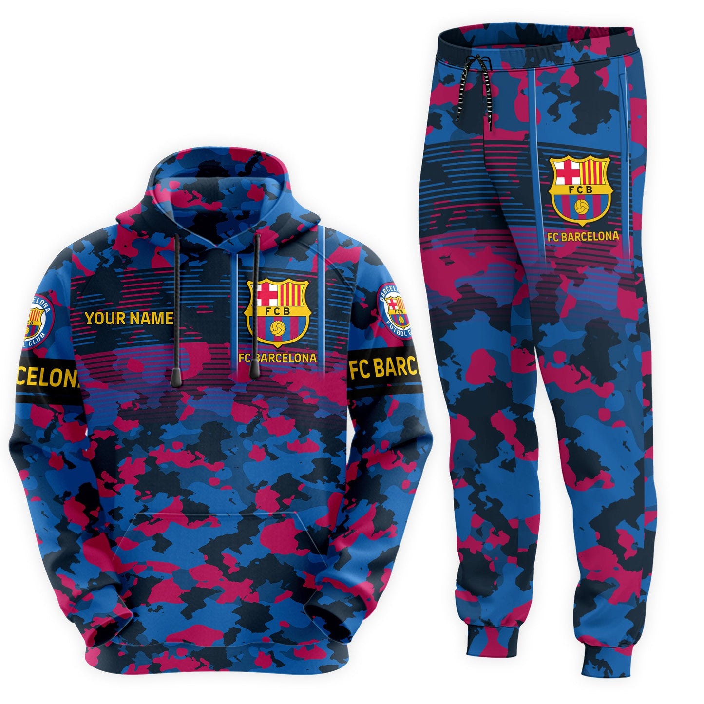 Personalized Barça Camo 3D All over Printed Hoodie and Sweatpants set