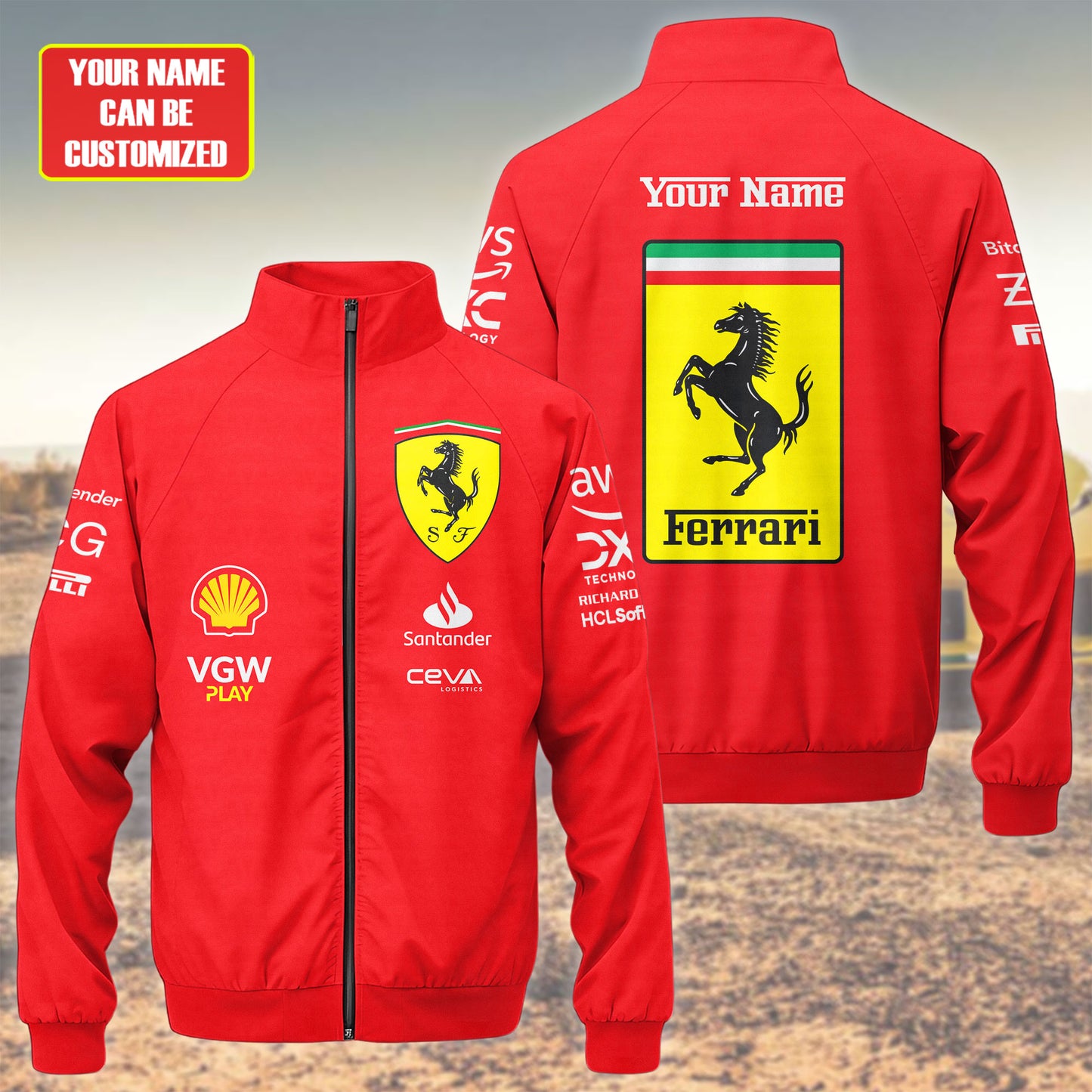 Personalized S.F F1 Team Zipper Stand Collar Jacket 3D