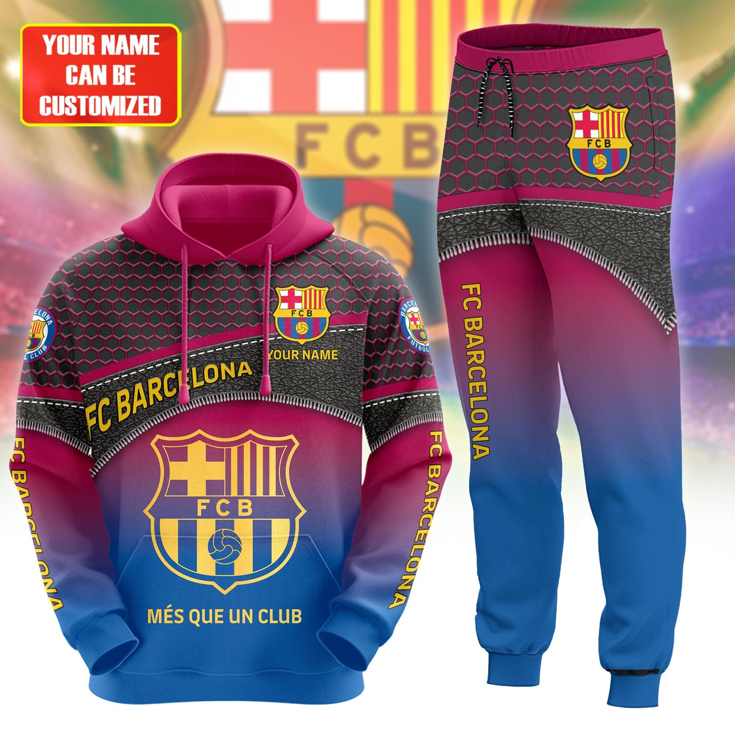 Personalized Barça Leather Pattern 3D All over Printed Hoodie and Sweatpants set