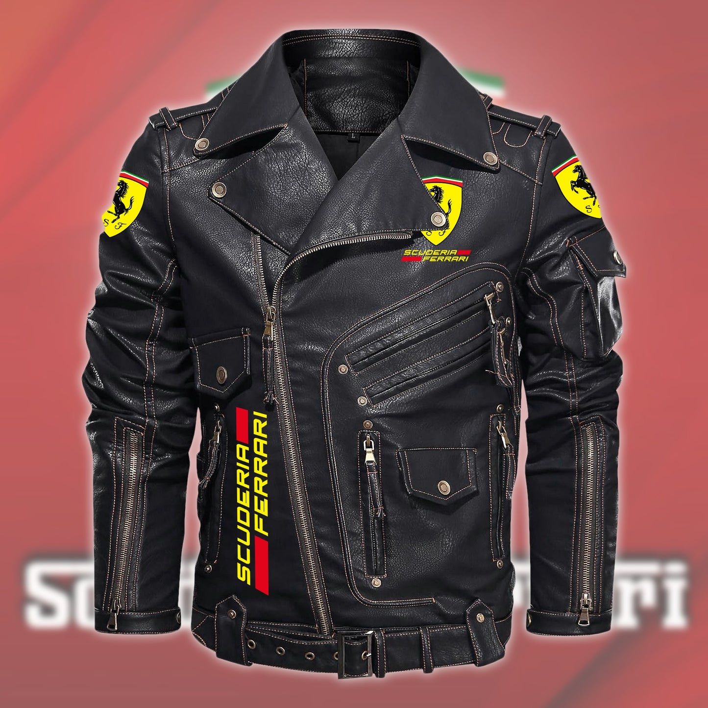 SF Belt Solid Zipper Street Leather Jacket