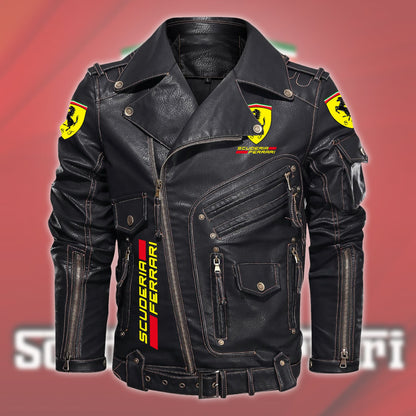 SF Belt Solid Zipper Street Leather Jacket