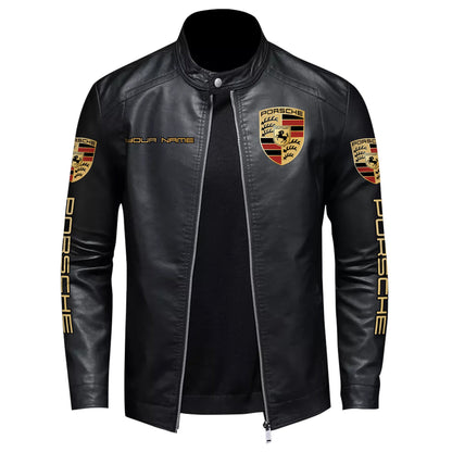 Personalized Pors Leather Bomber Stand Collar Jacket