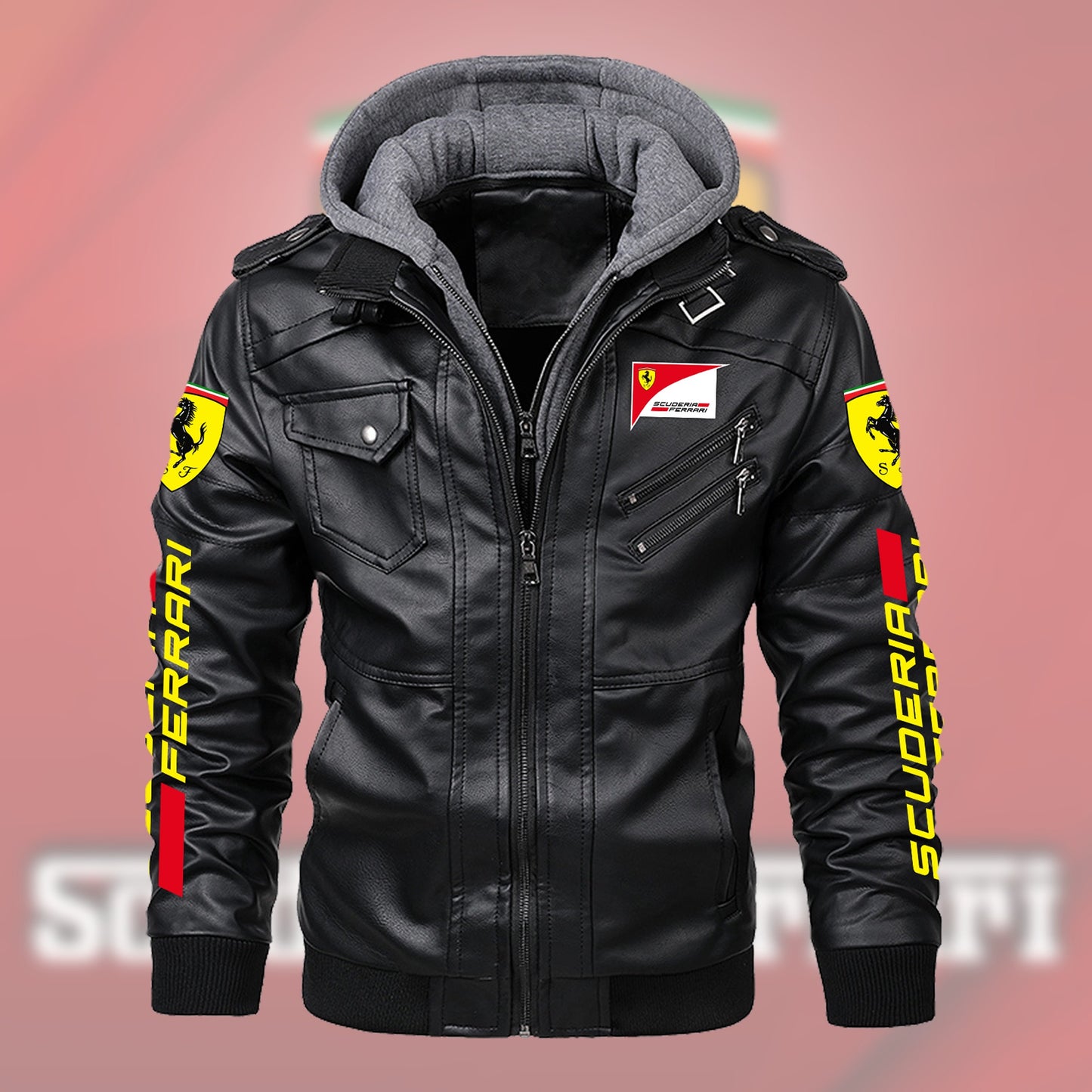 SF Leather Jacket With Hood Black
