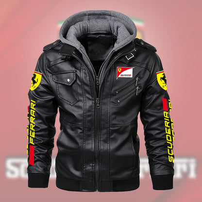 SF Leather Jacket With Hood Black