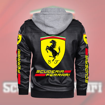 SF Leather Jacket With Hood Black