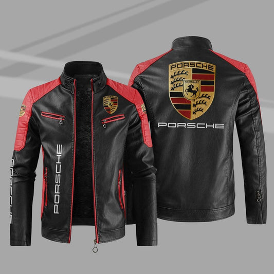 Pors Leather Biker Jacket Red Sleeves