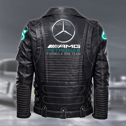 Merc AMG Petronas Belt Solid Zipper Street Leather Jacket